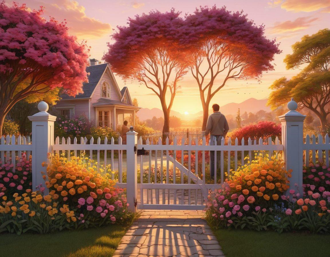 A cozy home surrounded by a heart-shaped fence, symbolizing love and protection. Inside the yard, a heart-shaped garden blooms with vibrant flowers representing security and happiness. In the foreground, a couple holds hands with a shield symbolizing insurance. The background features a sunset, casting a warm glow over the scene. soft pastel colors. 3D illustration.