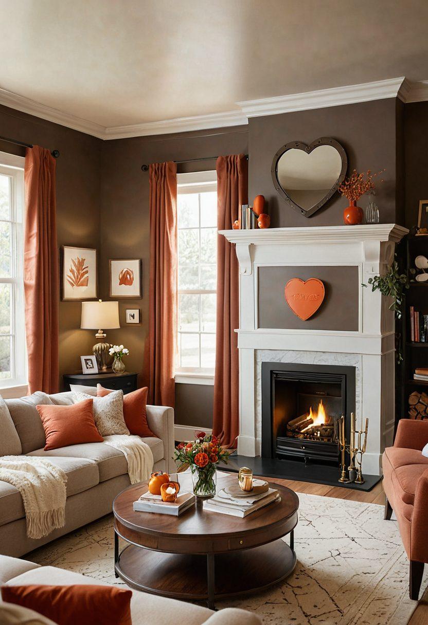 A cozy living room scene featuring a heart-shaped lock and a shield symbolizing security, intertwined with warm elements like soft pillows and a glowing fireplace. In the background, subtle images of community and family affection, emphasizing the fusion of home and heart. The color palette should evoke warmth and safety, with soothing tones. super-realistic. vibrant colors. cozy atmosphere.