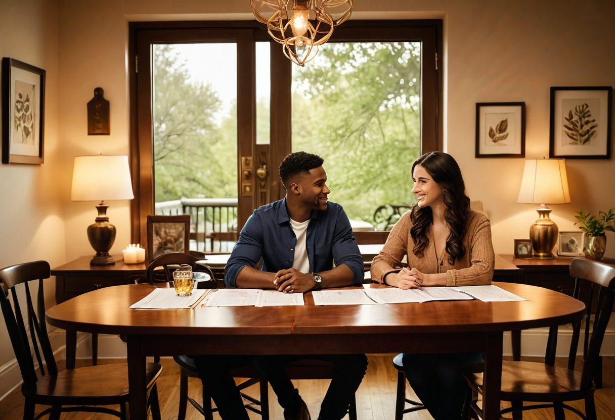 A romantic setting featuring a couple sitting at a cozy table with a financial planner's documents and charts spread out between them, symbolizing the balance between love and financial security. In the background, a heart-shaped lock symbolizes protection, while soft lighting and warm colors add to the romantic atmosphere. The couple looks engaged and hopeful about their future. super-realistic. warm colors. soft lighting.
